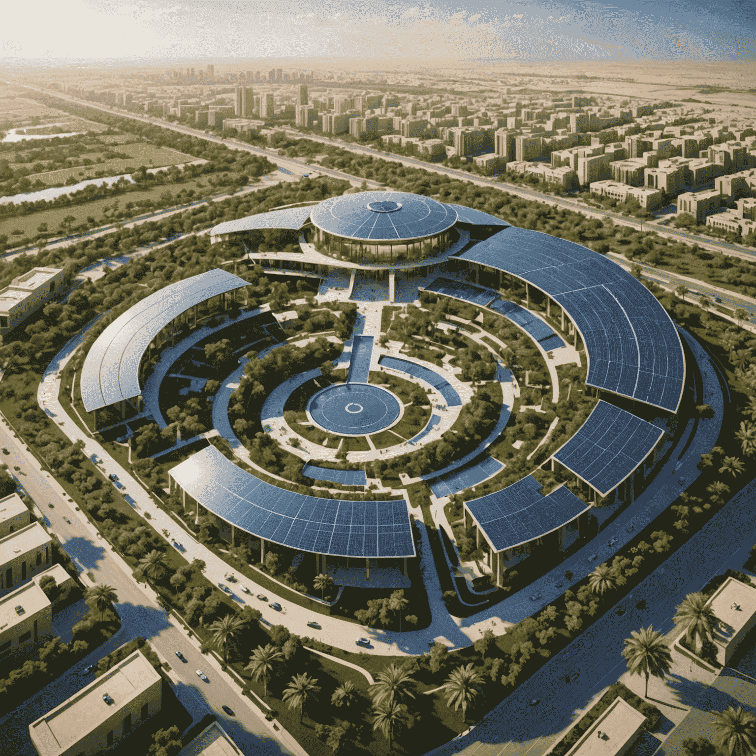 Aerial view of Sharjah's eco-friendly tourism project, showcasing solar panels, green spaces, and sustainable architecture