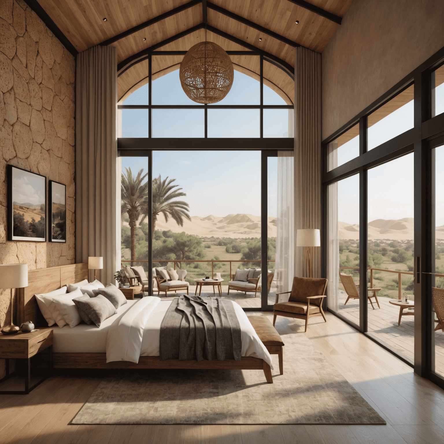 Interior of a luxurious eco-lodge in Sharjah, featuring sustainable materials and panoramic views of the surrounding landscape