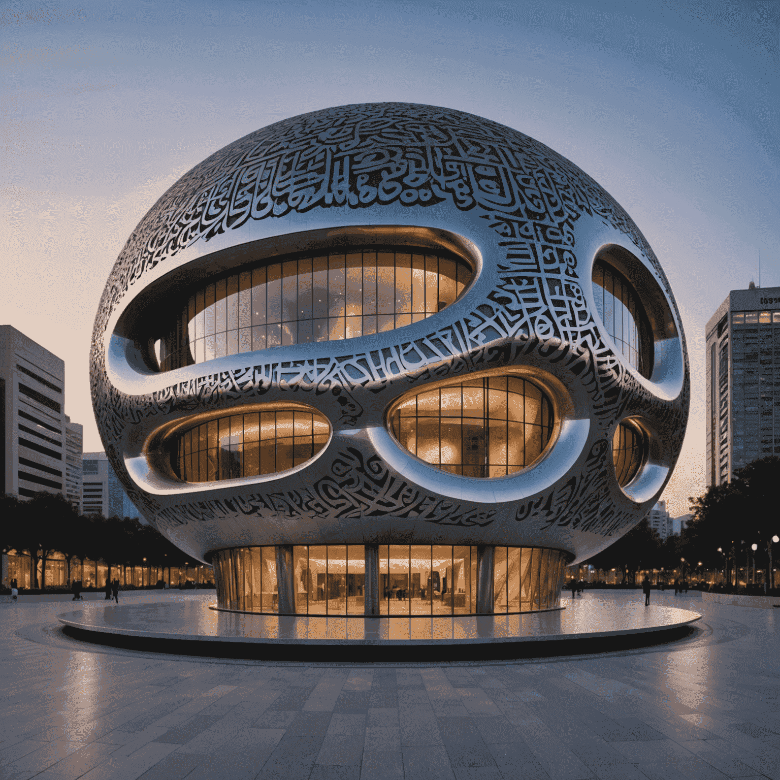 The Museum of the Future, a torus-shaped building with Arabic calligraphy etched into its stainless steel exterior, glowing at dusk