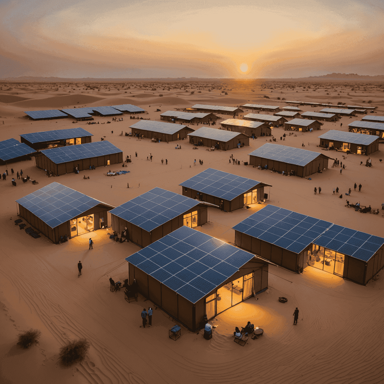 Sustainable desert camp in Sharjah at sunset, with solar panels visible and guests enjoying eco-friendly activities