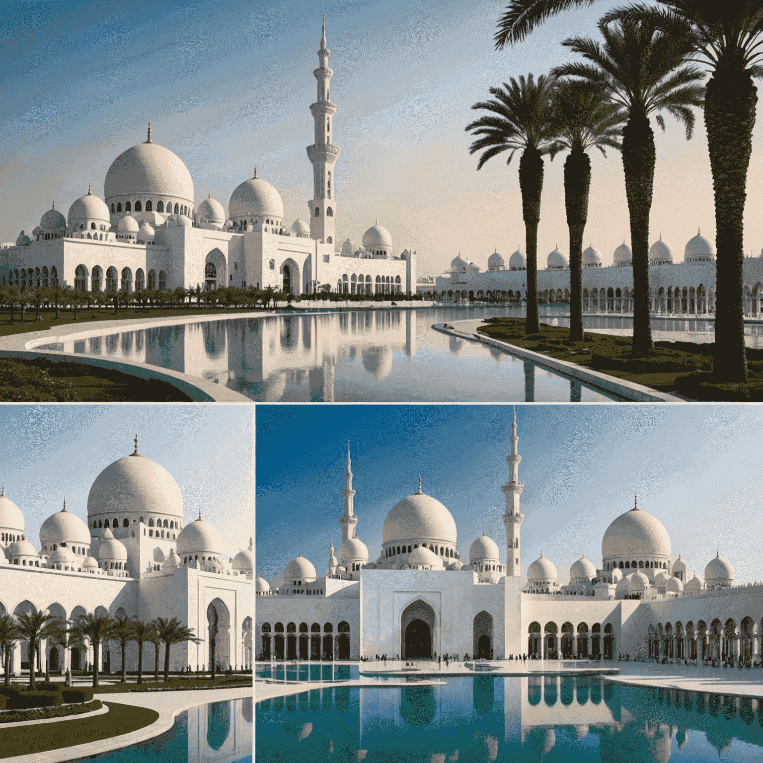 Collage of Sheikh Zayed Mosque, Ferrari World, and Louvre Abu Dhabi