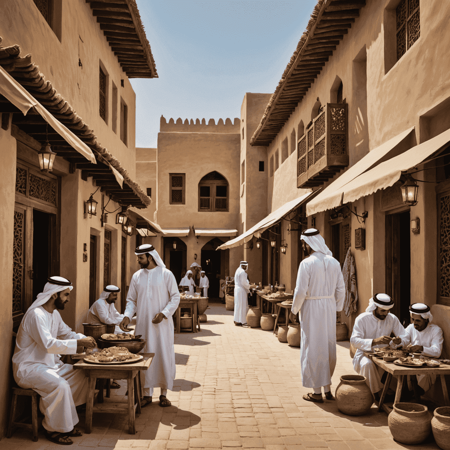 Montage of traditional Emirati heritage village, bustling souk, and authentic local dining experience